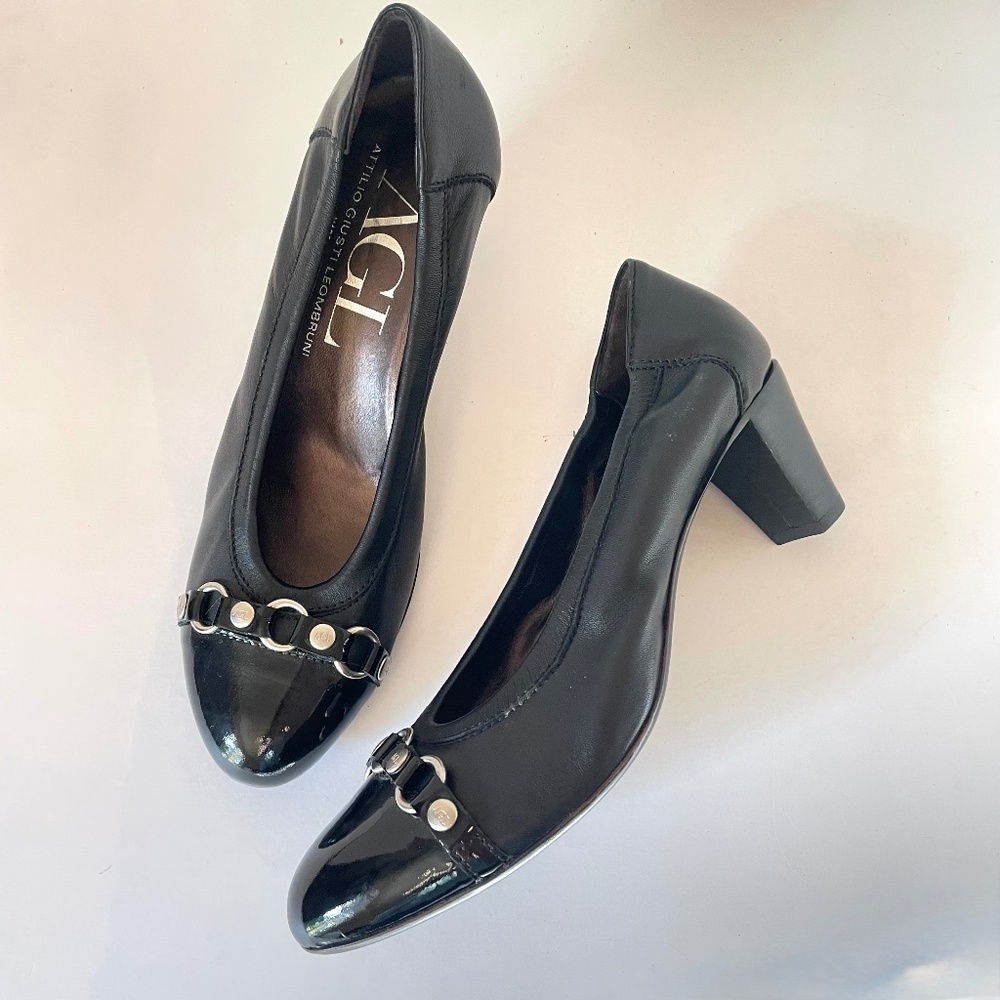 AGL Attilio Giusti Leombruni Black Leather Pumps 40 Patent Cap Toe